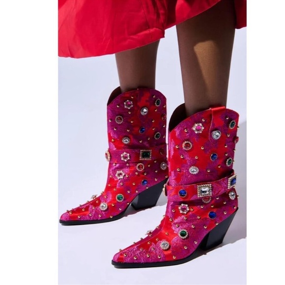 Red Flower Embroidered Rhinestone Mid Calf Pointed Toe Chunky Heel Cowgirl - Picture 6 of 7